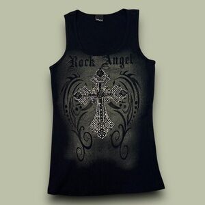 Y2K Rhinestone Cross Tank Top Size XXL Rock Angel Mcbling Cybergrunge